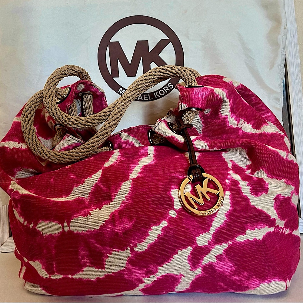 Michael Kors "Marina" Raspberry Tie Dye Canvas Tote Handbag Purse
